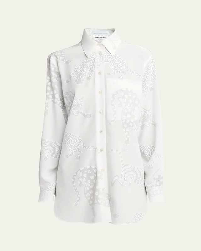 Cat Burnout Button Down Silk Blouse